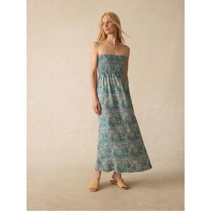 Faherty Sunrise Smocked Linen Midi Dress in Maui Tropics Blue‎ & Cream